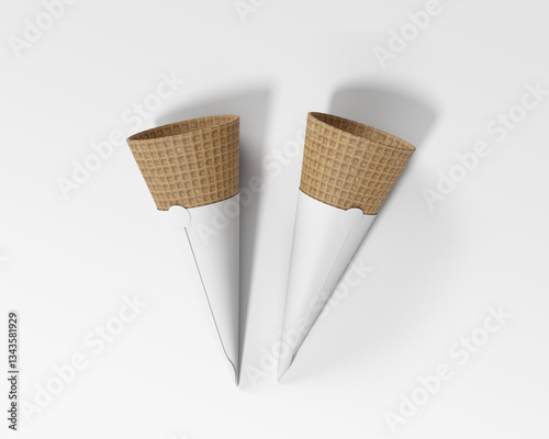 Waffle Ice Cream Cones in White Paper Sleeves on White Background