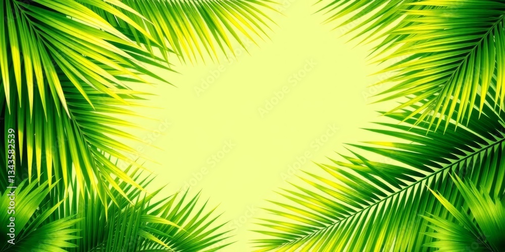 Obraz premium Vibrant green tropical palm leaves frame a blank background, artwork, border