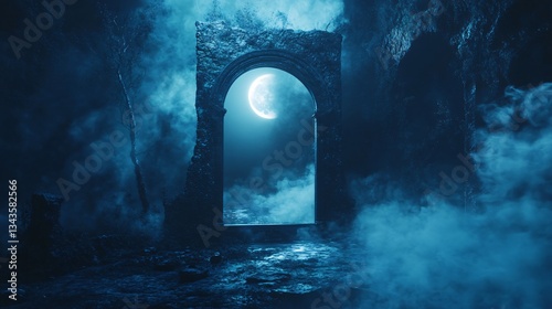 Enchanted Dark Forest Night View with Neon Smoke, Smog, and Magic Mirror