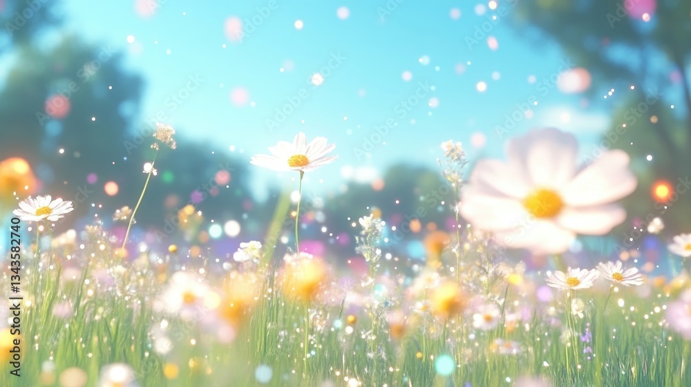 Vibrant meadow flowers, soft focus, sparkling effect. Delicate daisies in a lush green field under a bright sky, with colorful particles and bokeh