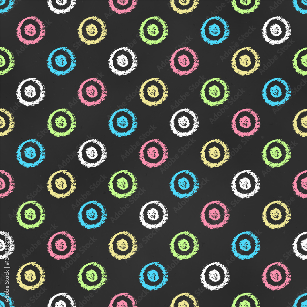 Seamless Grunge Pattern of Chalk Drawn Sketches Colored Circles on Dark Blackboard. Polka Dot Print. Seamless Grunge Pattern of Chalk Drawn Sketches Colored Circles on Dark Blackboard. Polka Dot Print.