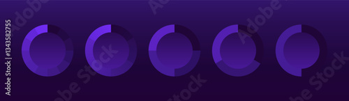 Circular progress charts. A set of purple segmented donut graphs representing data analysis, performance tracking, and statistics on a dark background. Business intelligence, financial metrics