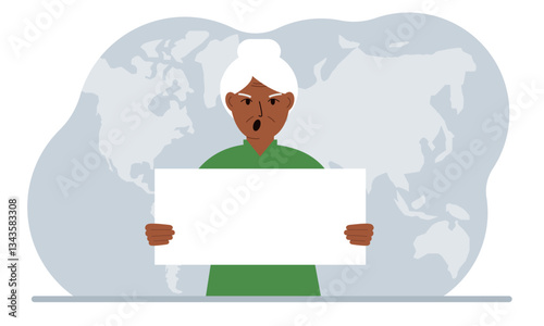 The concept of world attention. A woman holds a white poster in his hands against the background of a world map.