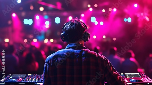 Dynamic DJ in Nightclub Atmosphere with Vibrant Lighting and Music