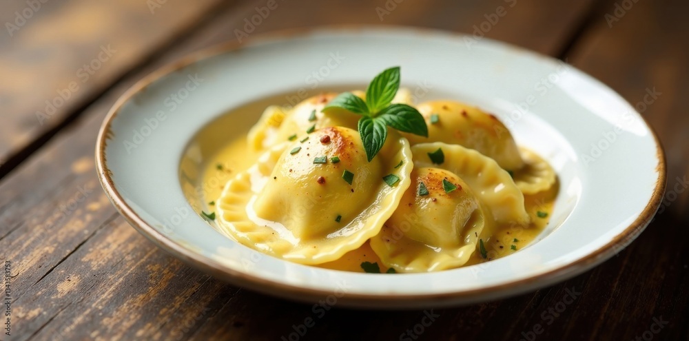Ravioli plate with creamy sauce on wooden table, table setting, ravioli Ravioli plate with creamy sauce on wooden table, table setting, ravioli