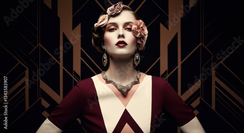 Elegant young caucasian female in art deco fashion with floral headpiece