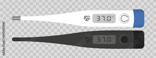 Digital thermometer set. Two electronic medical thermometers, one white with a blue accent and one black, displaying a high fever temperature of 37.0 on an LCD screen. Healthcare, diagnostics