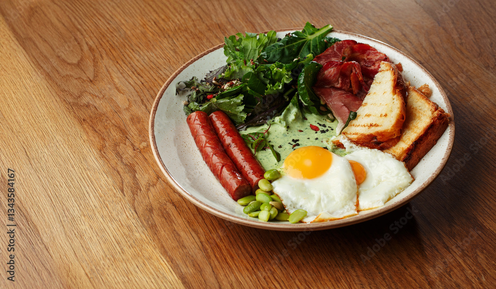 breakfast plate with fried eggs, grilled sausages, crispy bacon, toasted bread, fresh green salad. Healthy morning meal on a wooden table. copy space