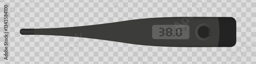 Digital medical thermometer. Black electronic thermometer displaying a temperature of 38.0 on an LCD screen. Healthcare, fever detection, patient monitoring, and medical diagnostics