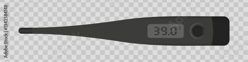 Digital medical thermometer. Black electronic thermometer displaying a temperature of 39.0 on an LCD screen. Healthcare, fever detection, patient monitoring, and medical diagnostics