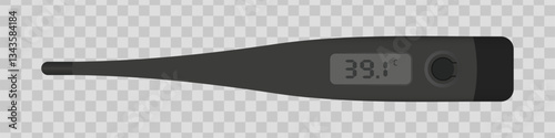 Digital medical thermometer. Black electronic thermometer displaying a temperature of 39.1 on an LCD screen. Healthcare, fever detection, patient monitoring, and medical diagnostics