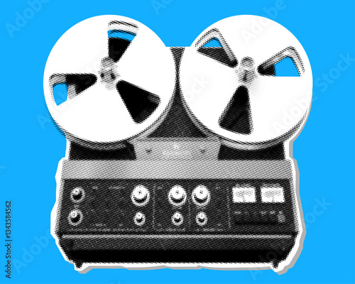 Fashion halftone dot element with photocopy effect. Retro music receiver, tape recorder vintage. Grunge punk dot for collage, poster, print, banner.
