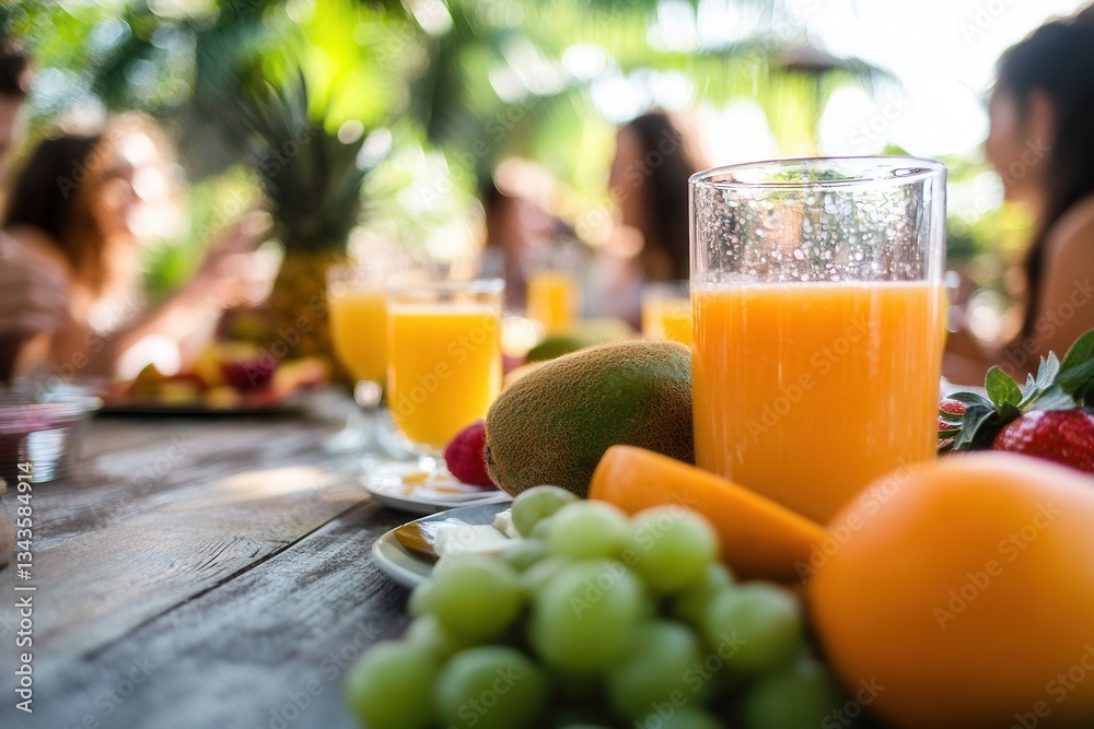 A group of people sitting around a table, enjoying fresh fruit and refreshing juice together A group of people sitting around a table, enjoying fresh fruit and refreshing juice together