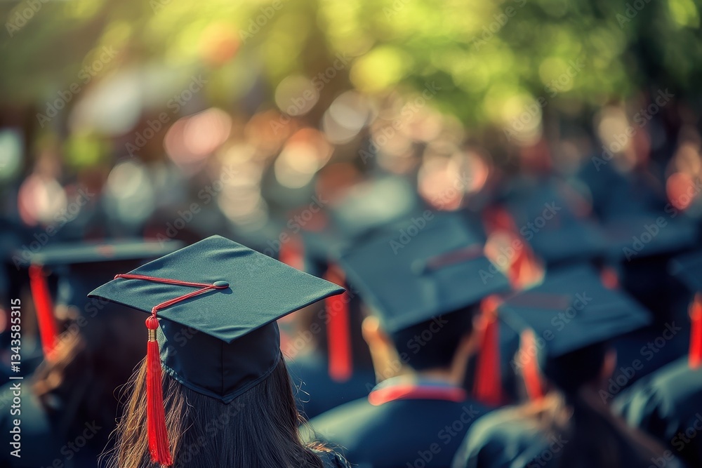 Graduates in caps and gowns during a sunny outdoor ceremony. Graduates in caps and gowns during a sunny outdoor ceremony.