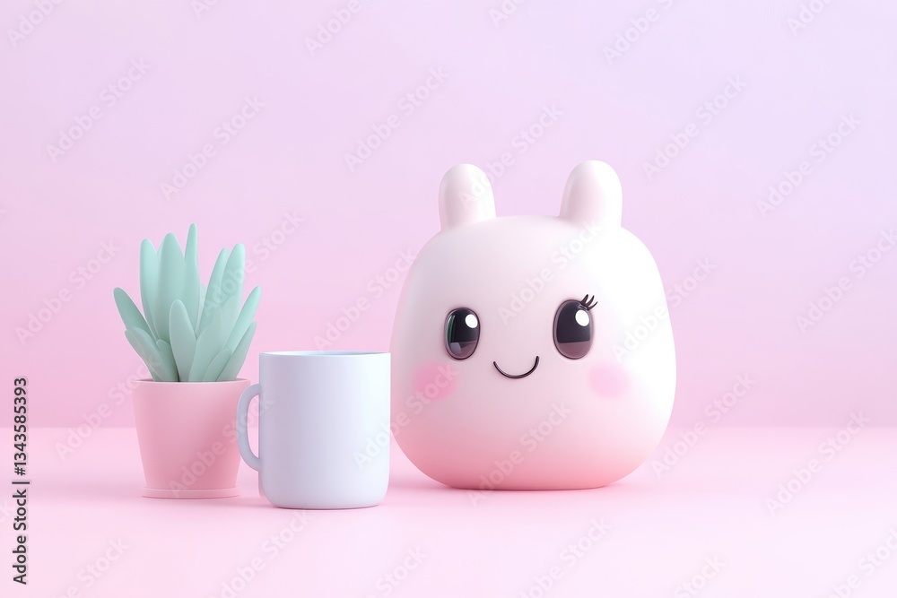 Pastel pink aesthetic scene with a cute bunny figurine, a cup, and a succulent plant