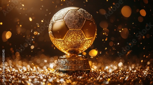 A golden soccer ball trophy sparkles with celebratory confetti around it