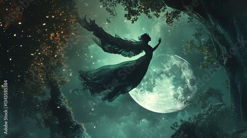 Enchanting Fantasy Woman Flying Silhouetted Against Night Sky