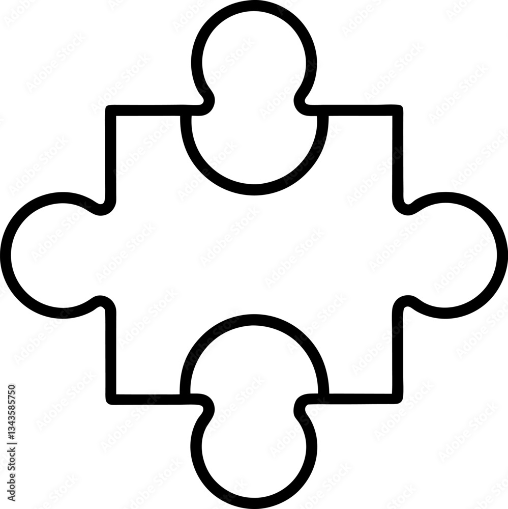 Single Puzzle Piece Outline Black and White Symbol for Connection, Unity, Solution, and Completeness on White Background Single Puzzle Piece Outline Black and White Symbol for Connection, Unity, Solution, and Completeness on White Background