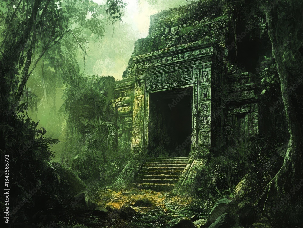 Obraz premium Lost Temple: Ancient Ruins in Lush Jungle Landscape, Travel, Architecture, and History