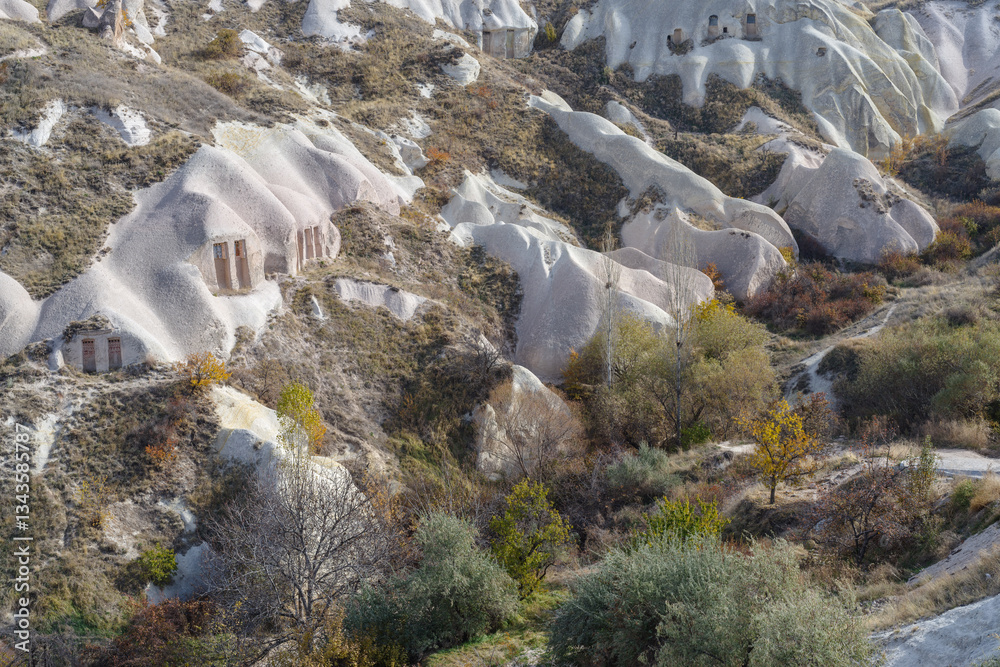Rock formation with man-made caves in Cappadocia, Turkey
