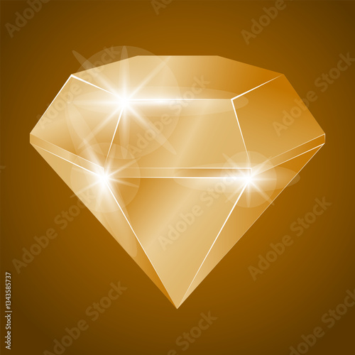 Shiny golden diamond. A faceted emerald-like gemstone with glowing reflections on a vibrant green background. Luxury, wealth, precious stone, jewelry, and gemstone illustration