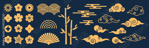 Chinese clouds, coin, flowers, bamboo, fan. Decorative shapes in oriental style for card, banner, print, flyer, poster, cover. Asian Lunar New Year. Vector design elements isolsted
