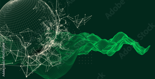 Science fiction background. Abstract image of wireframe wave and sphere with plexus effect.