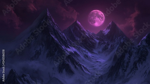 Full Moon Silhouettes Over Dramatic Scary Mountain Peaks at Night
