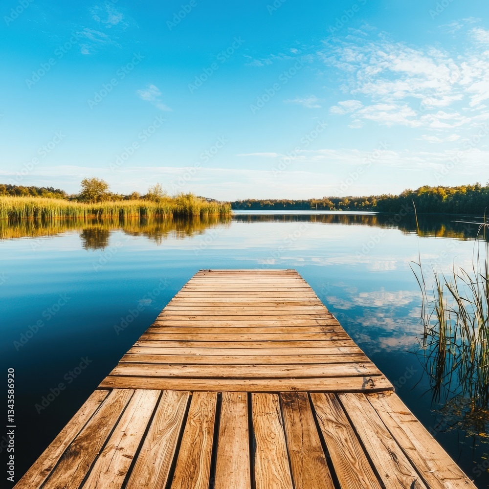 Obraz premium A tranquil lake with a wooden dock extending into the water.