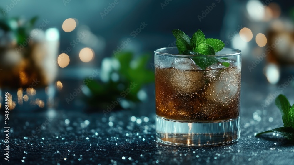 Dark amber cocktail with mint garnish on a glittering surface