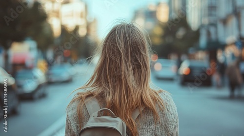 City Summer View of Girl Seen from Behind Among Leaves