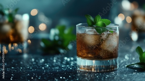 Dark amber cocktail with mint garnish on a glittering surface