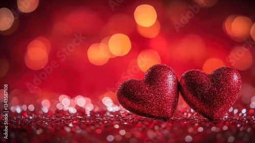 Two red glittery hearts on a surface with blurred light orbs