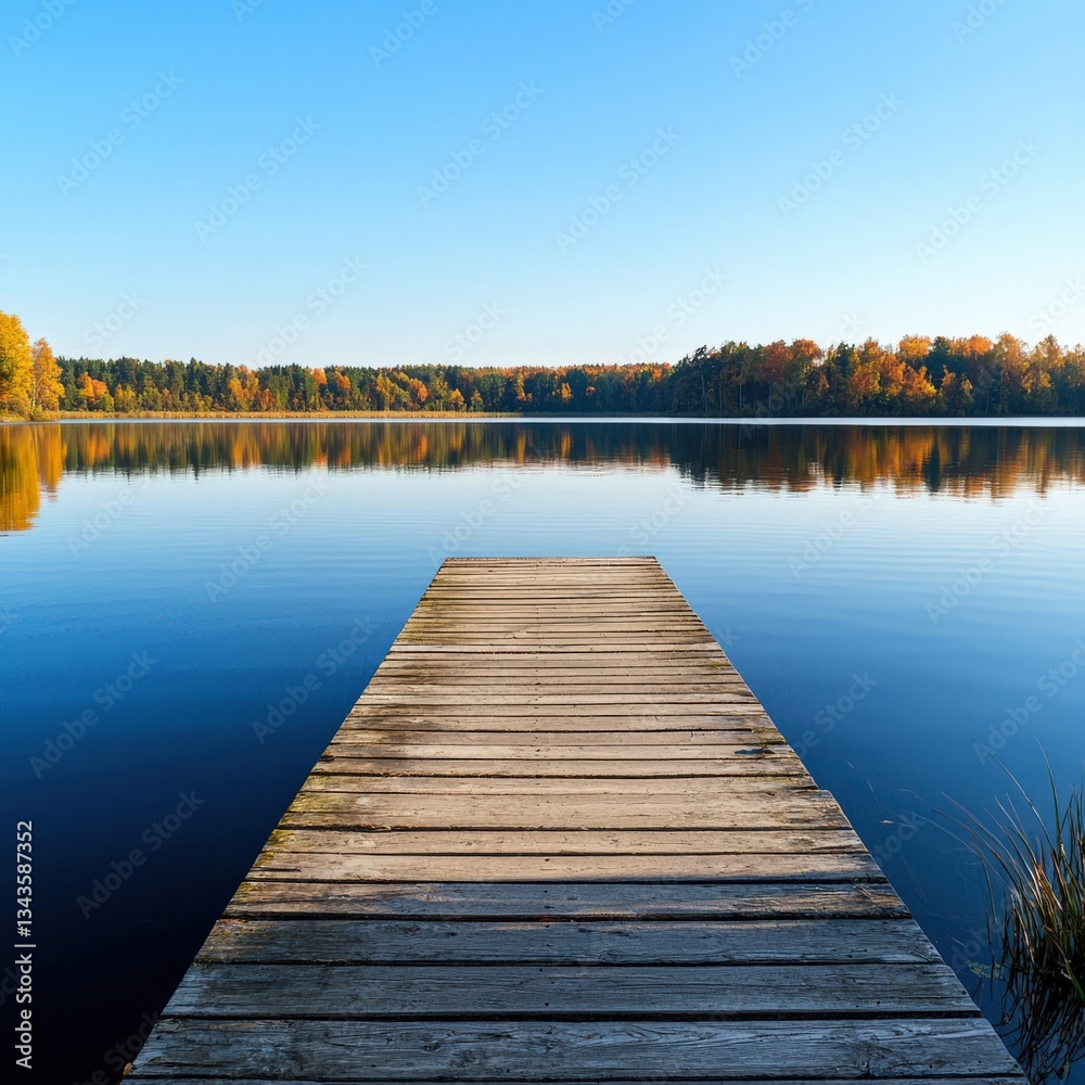 Naklejka premium A tranquil lake with a wooden dock extending into the water.