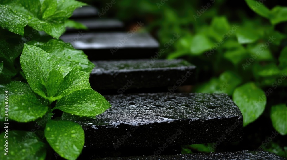 Dark wet stone steps amongst lush greenery