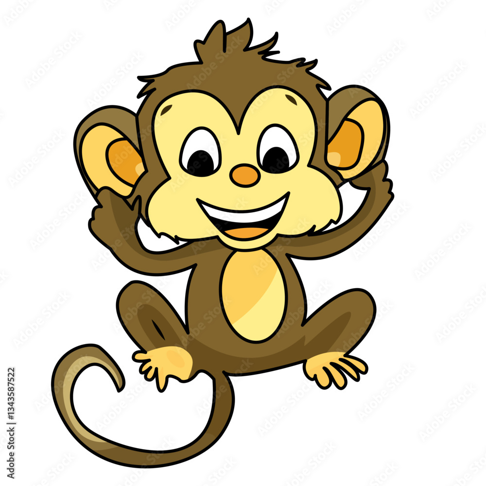 Fototapeta premium Cute cartoon monkey. A cheerful, playful monkey character with a big smile, open arms, and a curly tail on a white background. Fun, jungle-themed, kids illustration, and mascot concept