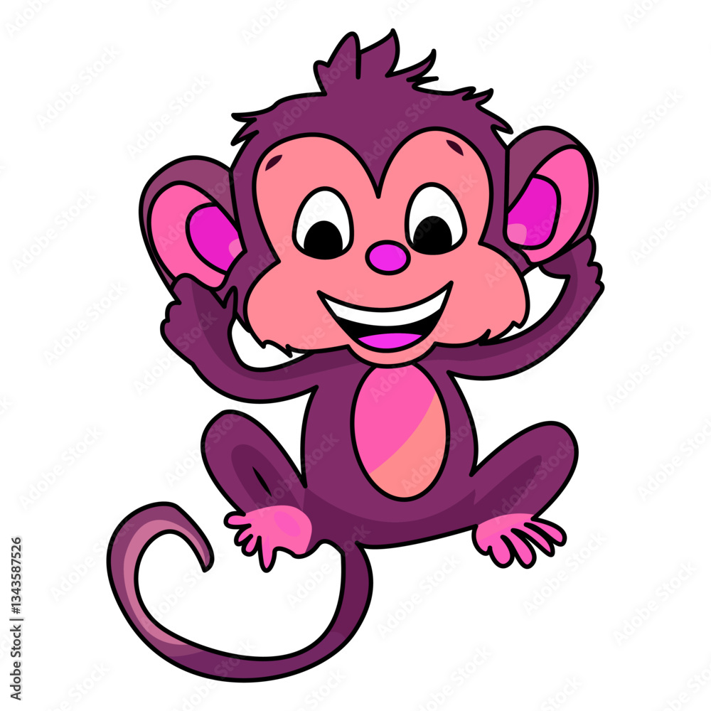 Obraz premium Cute cartoon monkey. A cheerful, playful monkey character with a big smile, open arms, and a curly tail on a white background. Fun, jungle-themed, kids illustration, and mascot concept