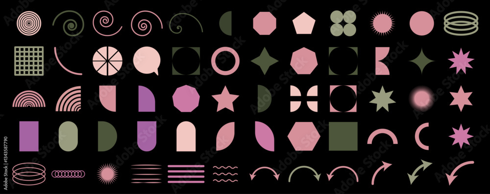 Fototapeta premium Abstract geometric set icon. Collection of various shapes, spirals, lines, arrows, and decorative patterns in pink, purple, and green on a black background. Minimalist, modern, and artistic elements
