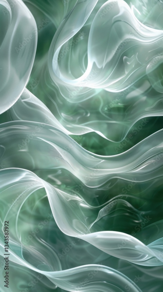 Obraz premium A flowing abstract design of translucent waves in shades of green and white, evoking a sense of serenity and fluidity.