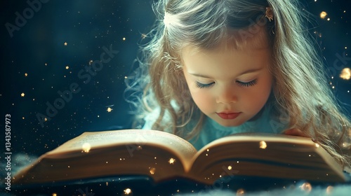 Young Girl Reading Open Book Indoors Education Imagination Learning Concept