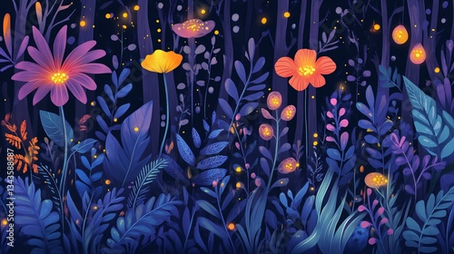 Enchanted Magic Forest with Glowing Fireflies and Fantasy Plants