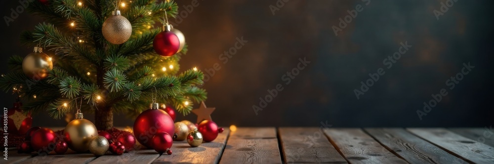 Christmas tree on wooden table with ornaments and lights, Winter Scene, Lights, Tree Christmas tree on wooden table with ornaments and lights, Winter Scene, Lights, Tree