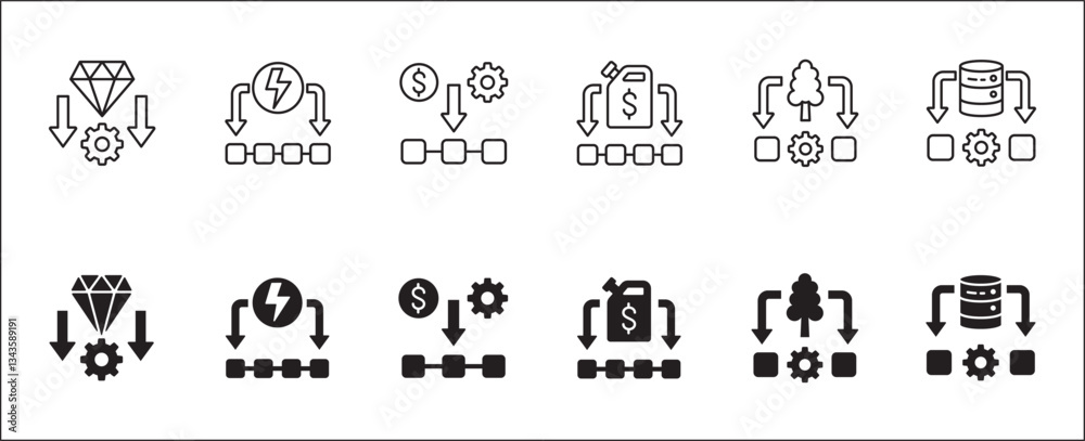 Company resource icon set. Production process icons. Icons set contains business, management, asset, process, resource, product, energy, financial, nature. Vector stock illustration. Company resource icon set. Production process icons. Icons set contains business, management, asset, process, resource, product, energy, financial, nature. Vector stock illustration.