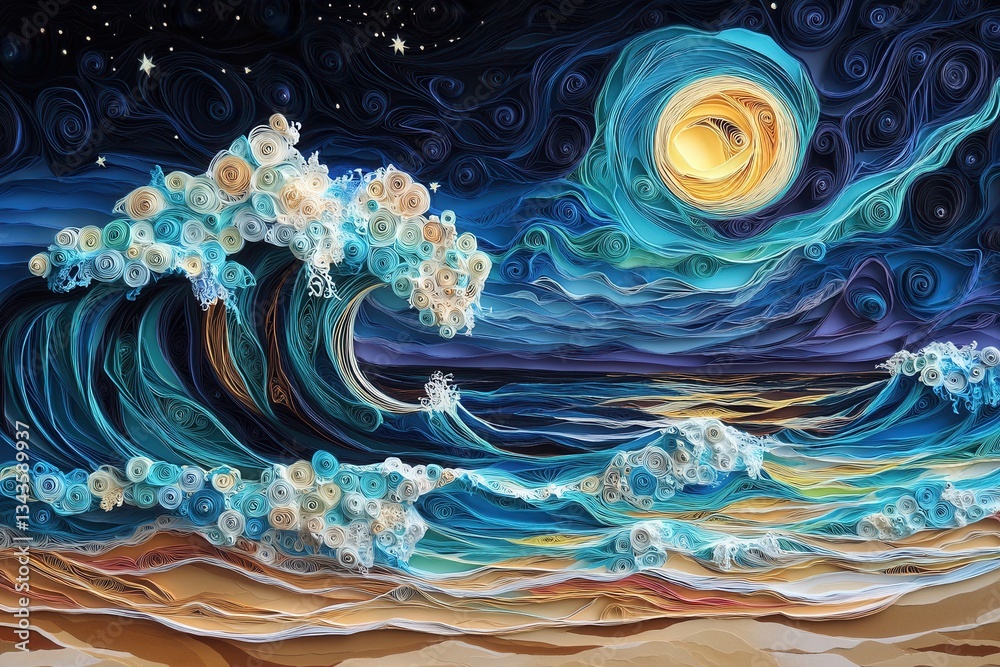 Fototapeta premium A stunning paper quilling artwork features large waves crashing on a wet sandy beach at night