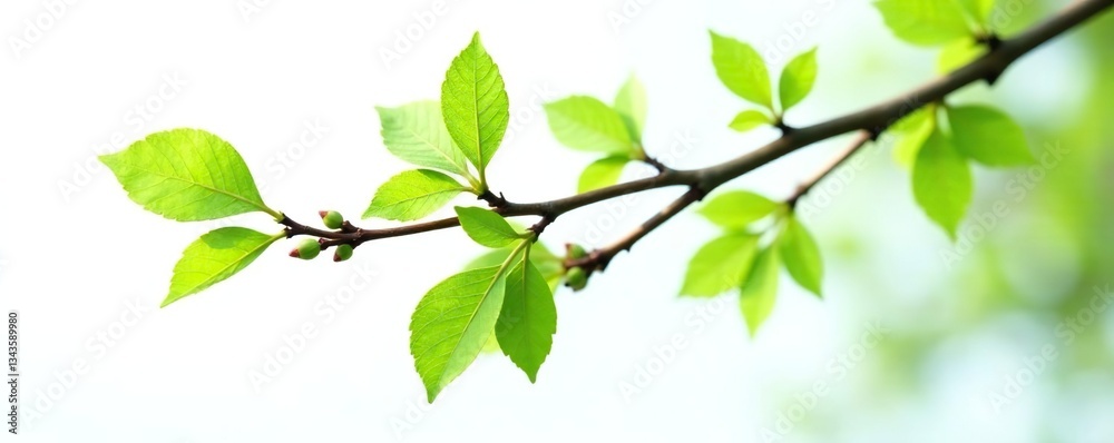 Isolated branch with small buds and leaves in a simple white space, foliage, wooden texture, tree parts Isolated branch with small buds and leaves in a simple white space, foliage, wooden texture, tree parts