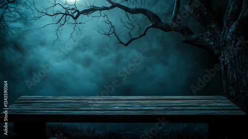 Rustic Old Wood Table with Silhouette of Dead Tree at Night