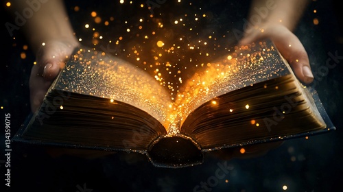 Enchanting Fantasy Book Opening with Golden Glitter Lights