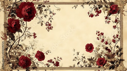 Fototapeta Naklejka Na Ścianę i Meble -  Vintage floral frame with red roses and beige background.