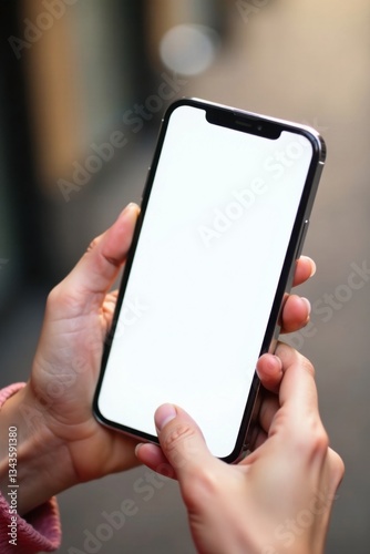 Close-up of female hand holding a smartphone with blank screen and fingers on home button  touchscreen displays  empty phone screens