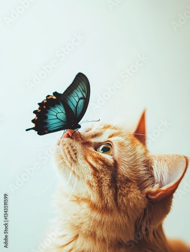 Enchanting Encounter: A Cat's Gentle Moment with a Butterfly, Capturing Nature's Beauty and Delicate Harmony in a Close-Up Portrait